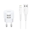 Φορτιστής Πρίζας Usams T20 & καλώδιο Lightning, 2x USB, 2.1A, λευκός