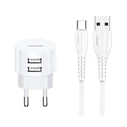 Φορτιστής Πρίζας Usams T20 & καλώδιο type-C, 2x USB, 2.1A, λευκός
