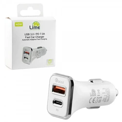 Lime LCUPD21 Διπλός Φορτιστής Αυτοκινήτου USB & USB-C PD/QC 3.0 40W, Λευκό