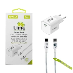 Lime Φορτιστής Ταξιδιού GaN 45W με Πλεκτό Καλώδιο USB-C σε USB-C 1m (LBCC01)