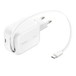 Belkin BOOST Charge Pro 45W Διπλός Φορτιστής GaN με Επανασπώμενο Καλώδιο - Λευκό