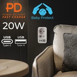 Πολύπριζο Current socket x2 + 4xUSB Maclean, with 2 sockets, 2xUSB A, 2xUSB C PD 20W, 1x16A + 1x6A, MCE249 F/W