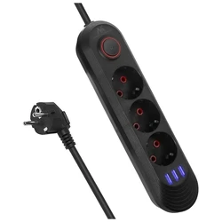 Πολύπριζο Maclean 3-socket cable + 3xUSB, 110-240V AC 50/60Hz, 2.1A max 2500W, 1.5m, Black, MCE394 B