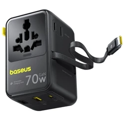 Baseus Enercore CG11 70W Network Charger - Universal Adapter 2×AC, 2×USB-A, 2×USB-C with Retractable USB-C Cable, Black (E0307E00)