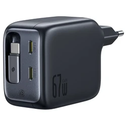 Baseus GaN Wall Charger with Built-in USB-C Cable, 2x USB-C Ports, 45W PD (up to 67W), Black (Enercore CJ11, E0121E00)