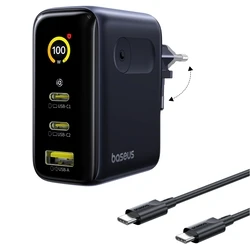 Baseus GaN Charger with 1x USB-A and 2x USB-C Ports and USB-C to USB-C Cable 100W Power Delivery Black (PicoGo AE21)