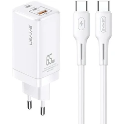 USAMS Wall Charger MT 2xUSB-C+USB GaN 65W T33 PD + cable USB-C-USB-C 100W Fast Charging white MTXLOGTC02