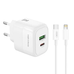 Φορτιστής Πρίζας XO Universal με 2 εξόδους 1xUSB-A & 1xUSB-C και Καλώδιο Lightning 8-Pin, PD20 & QC18W Λευκό