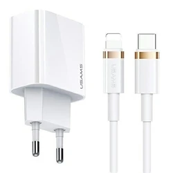 USAMS T34 Wall Charger 1xUSB-C 20W 5V-3A PD3.0 + U63 cable USB-C/Lightning 20W white T49OCLN01