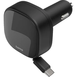 Hama GaN Car Charger 30W PD/QC with Retractable Cable, 2x USB-C, Black