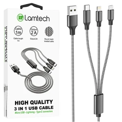 Καλώδιo USB Lamtech HIGH QUALITY 3 IN 1 With METALLIC SHELL Black 1M
