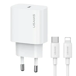 USAMS T65 US-CC226 wall charger USB-C PD 20W Fast Charging + USB-C / Lightning cable 30W white