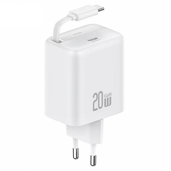 USAMS USB-C Wall Charger + retractable USB-C PD+QC 20W Gan Fast Charging white YC Series