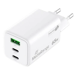 Φορτιστής Πρίζας MediaRange 65W 3-Port 1x USB-A/2x USB-C GaN, White