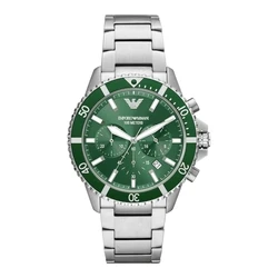 Emporio Armani AR11500 Men's Diver Analog Quartz Watch 44 mm Stainless Steel Silver Bracelet Green Dial