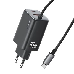 Φορτιστής Πρίζας Usams CC266 με Καλώδιο, USB & USB-C, 65W, GaN, Μαύρος