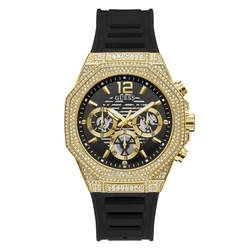 Ανδρικό ρολόι GUESS GW0518G2 (44mm) - Μαύρο καντράν, Χρυσή κάσα, Μαύρο λουράκι σιλικόνης