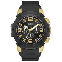 Ανδρικό Ρολόι GUESS GW0911G3 – 52mm Μαύρο Καντράν, Χρυσή Ανοξείδωτη Κάσα, Μαύρο Λουράκι Σιλικόνης