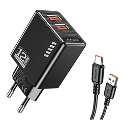 KAKUSIGA Φορτιστής Τοίχου KSC-1238 με Καλώδιο USB-C 2x USB 12W Μαύρος