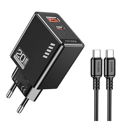 Kakusiga Φορτιστής με Θύρα USB-A και Θύρα USB-C και Καλώδιο USB-C - USB-C 20W Μαύρος (KSC-1240)