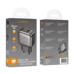 Φορτιστής Πρίζας Lamtech Single USB Qc3.0 18W Grey