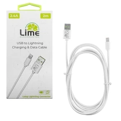 Kαλώδιο USB Lime LUL02 Λευκό USB-A σε Lightning Long 2.4A, 2m για φόρτιση και δεδομένα-12W