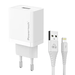 Φορτιστής Πρίζας Powertech Pt-1323 Με Καλώδιο Lightning, Usb, 12W, Λευκός
