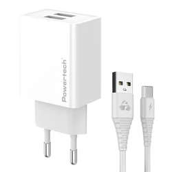Φορτιστής Πρίζας Powertech Pt-1324 Με Καλώδιο USB-C, 2X Usb, 12W, Λευκός