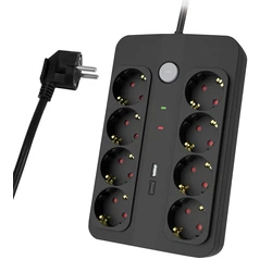POWERTECH Surge Protected Power Strip PT-1535 8 Way with USB and USB C Ports 16A 1.5m Black