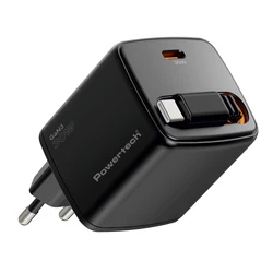 POWERTECH Wall Charger PT 1571 USB C 30W GaN Black with Retractable Cable