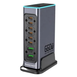Powertech Βάση Φόρτισης GaN με 2 Θύρες USB-A και 6 Θύρες USB-C 140W Power Delivery / Quick Charge 3.0 σε Γκρι χρώμα (PT-1621)