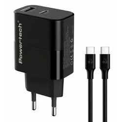 POWERTECH φορτιστής τοίχου PT-1637 με καλώδιο, USB-A & USB-C, 20W, μαύρος