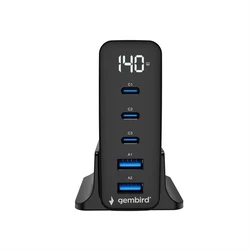 Gembird Βάση Φόρτισης GaN 5-Θυρών 140W (3x USB-C PD + 2x USB-A QC3.0) - Μαύρο (TA-UC-2A3C-PD140-01-BK)