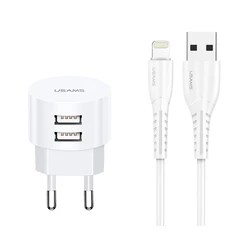 Φορτιστής Πρίζας Usams T20 & καλώδιο Lightning, 2x USB, 2.1A, λευκός