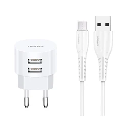 Φορτιστής Πρίζας Usams T20 & καλώδιο Micro USB, 2x USB, 2.1A, λευκός