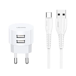 Φορτιστής Πρίζας Usams T20 & καλώδιο type-C, 2x USB, 2.1A, λευκός