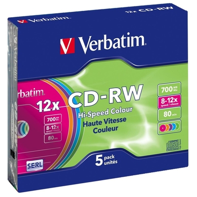 Product CD-R Verbatim CD-RW Colour 12x 700 MB 12x (5 Μονάδες)  base image