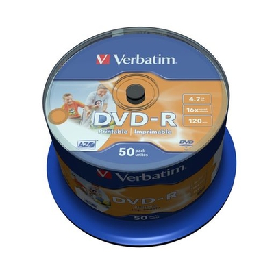 Product Dvd-R Verbatim 4.7GB 16X 50 Pack Spindle Wide Inkjet Printable Surface 43533 base image