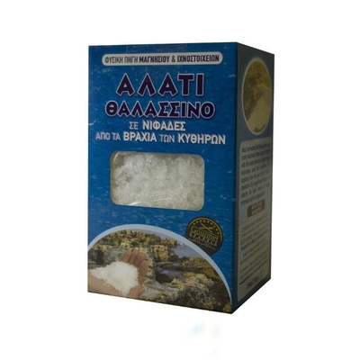 Product Kalimera Products: Kytherian Rock Sea Salt Flakes (Carton - 250g) Greek Label / Carton Window Box with Plastic Film base image