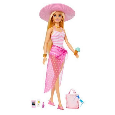 Product Mattel Barbie: Beach Glam Doll (HPL73) EN,FR,DE,IT,NL,ES,PT,SE,FI,DK,NO,BG,PL,CZ,SL,HU,RO,GR,TR,RU,AR Pack / Carton Blister Pack base image