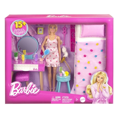 Product Mattel Barbie: Bedroom with Doll (HPT55) EN,FR,DE,IT,NL,ES,PT,SE,FI,DK,NO,BG,PL,HU,RO,GR,TR,RU,AR Pack / Carton Window Box with Plastic Film base image