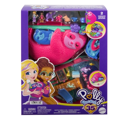 Product Mattel Polly Pocket: Sloth Family 2-in-1 Purse Compact (HRD40) EN,FR,DE,ES,PT,IT,NL,SE,DK,NO,FI,PL,CZ,SK,HU,RU,GR,TR,AR Pack / Carton Window Box with Plastic Film base image