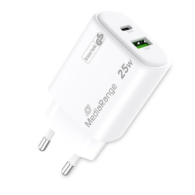 Product Φορτιστής Πρίζας MediaRange 25W 2-Port 1x USB-A/1x USB-C GaN, White base image