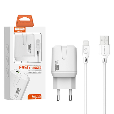 Product Φορτιστής Πρίζας Somostel 3A + CABLE IPHONE WHITE 18W 3000mAh USB SMS-Q02 FAST base image