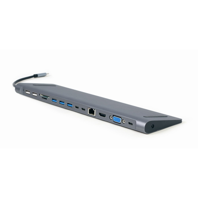 Product Docking Station Gembird A-CM-COMBO9-01 USB Type-C 9-in-1 (USB hub + HDMI + VGA + PD + card reader + LAN + 3.5 mm audio), space grey base image