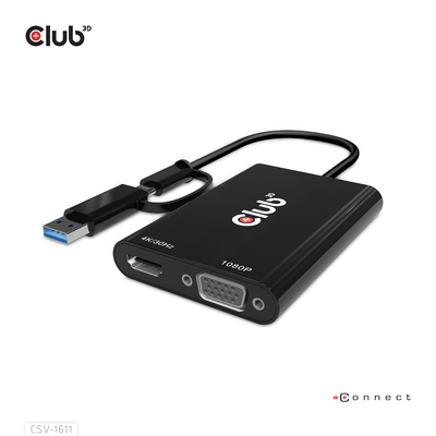 Product Αντάπτορας DVI Club 3D USB Gen1 Type-C/-A to Dual HDMI (4K/30Hz) / VGA (1080/60Hz) base image