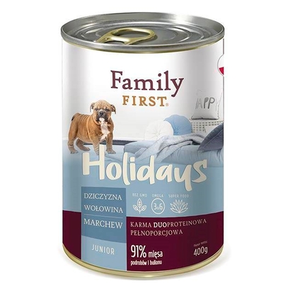 Product Υγρή Τροφή Σκύλων Family FIRST Holidays Junior Venison, beef, and carrots 400 g base image