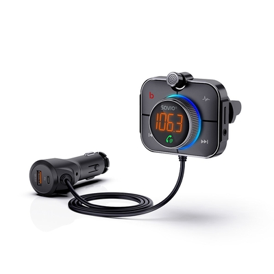 Product FM Transmitter Savio Bluetooth 5.0, QC/PD 3.0 charger, ENC, AUX OUT, micro SD, TR-14, black base image