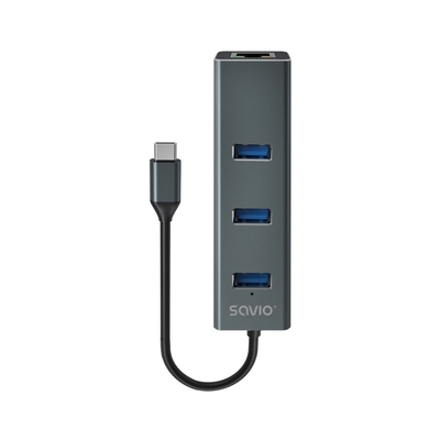 Product USB Hub Savio AK-57 USB-C - 3 x USB-A HUB with RJ-45 5000 Mbit/s, grey base image