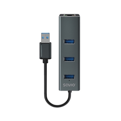 Product USB Hub Savio AK-57 USB-A - 3 x USB-A with RJ-45 Gigabit 5000 Mbit/s, grey base image